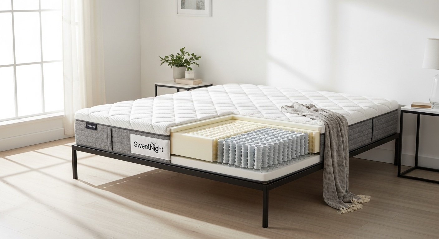 SweetNight Twilight Hybrid Mattress displayed in a bedroom setting showing the hybrid construction and gel-infused foam layers