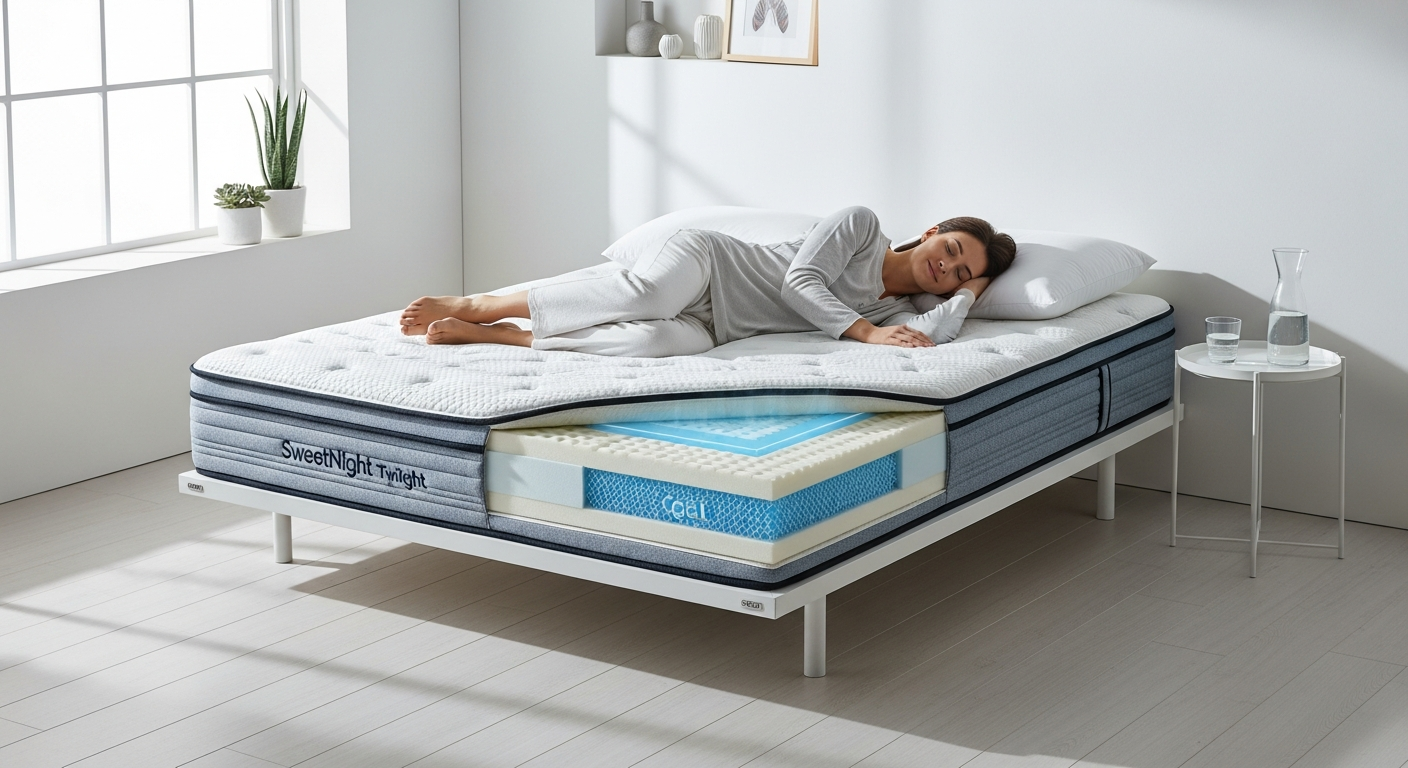 SweetNight Twilight Hybrid Mattress displayed in bedroom showing gel-infused foam and coil construction layers