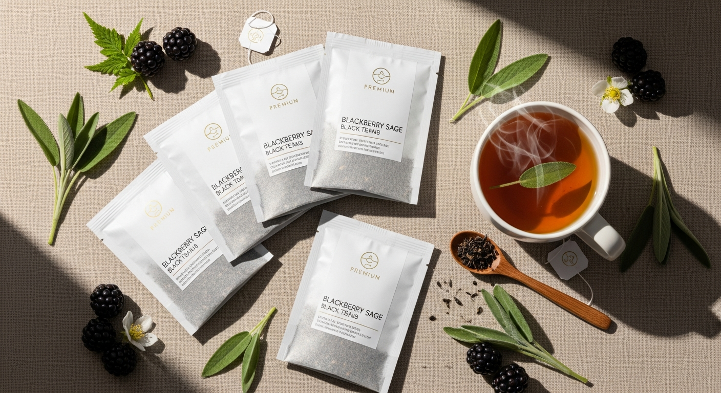 Blackberry sage black tea bags in a ceramic cup with fresh sage leaves and blackberries