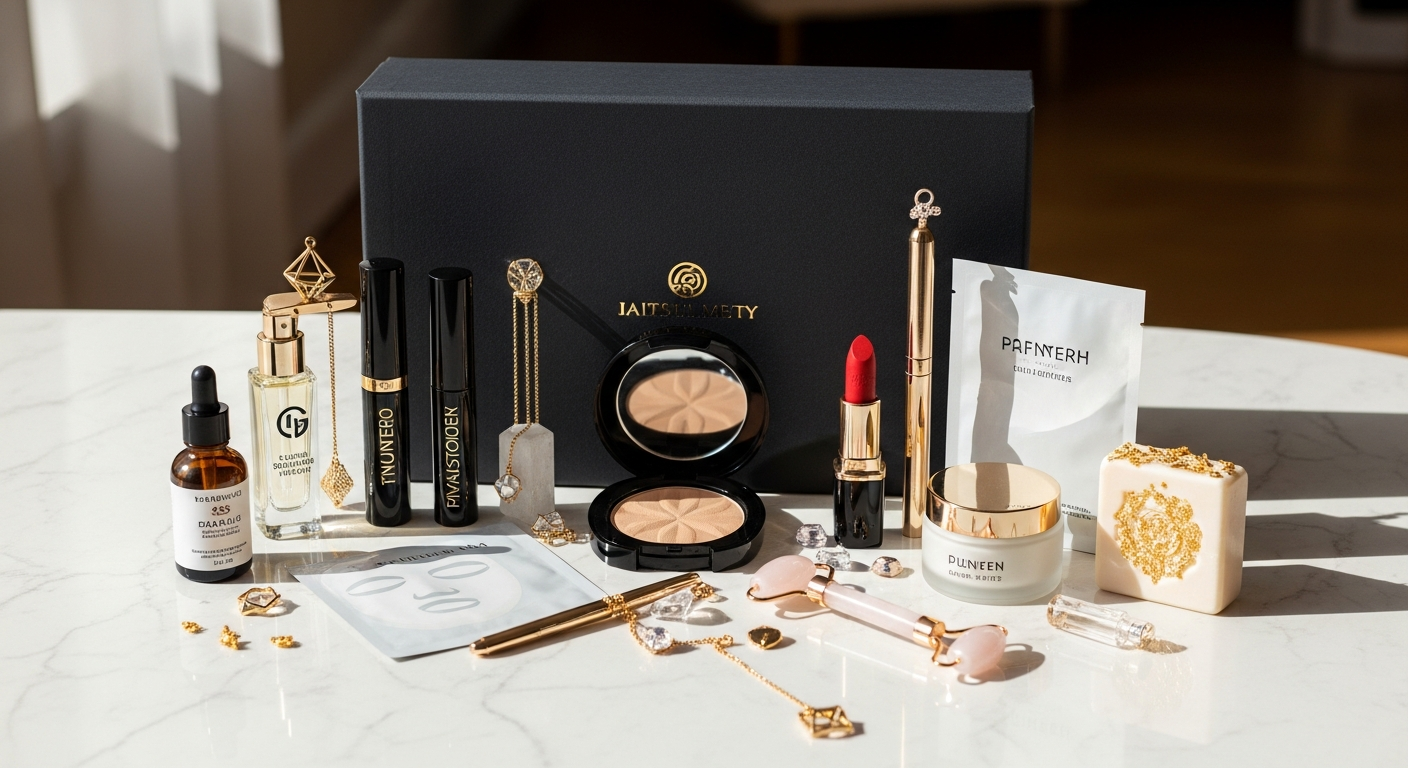 Amazing Value Mystery Beauty Box with 10 colorful beauty products displayed including perfume, makeup, skincare and haircare items