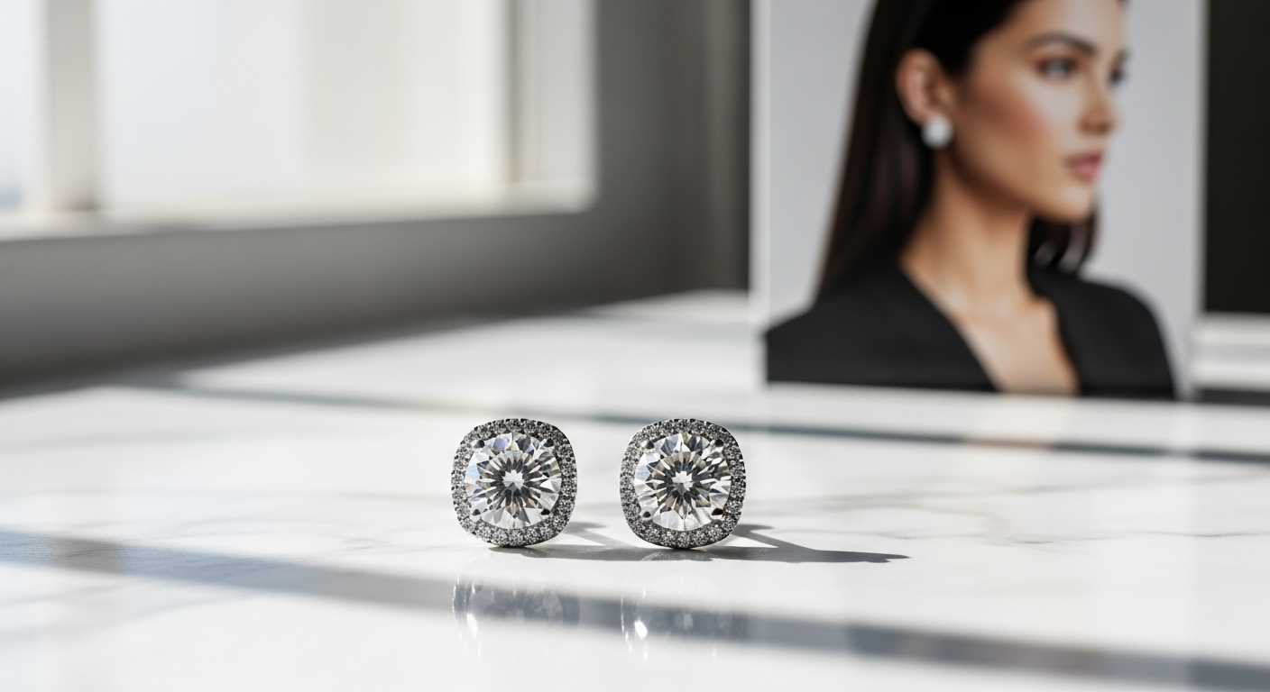Certified VVS1 moissanite halo earrings with sterling silver setting displaying brilliant sparkle