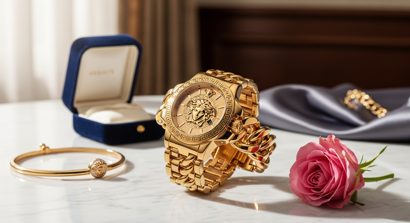 Versace Chain Reaction Ladies Gold Watch with black dial and gold-toned stainless steel case