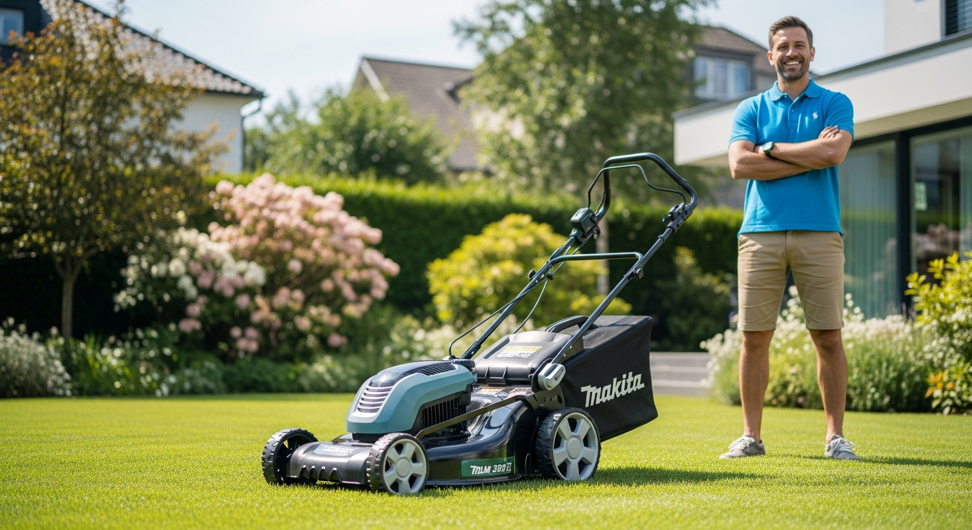 Makita DLM 330 Z cordless lawn mower in action on residential garden lawn