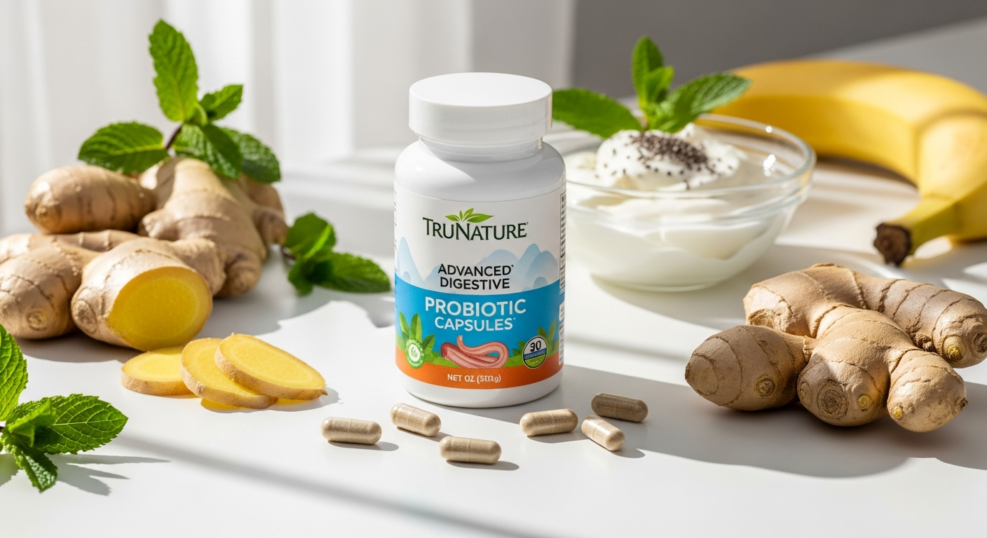 TruNature Advanced Digestive Probiotic Capsules bottle displayed with capsules and natural ingredients on white background