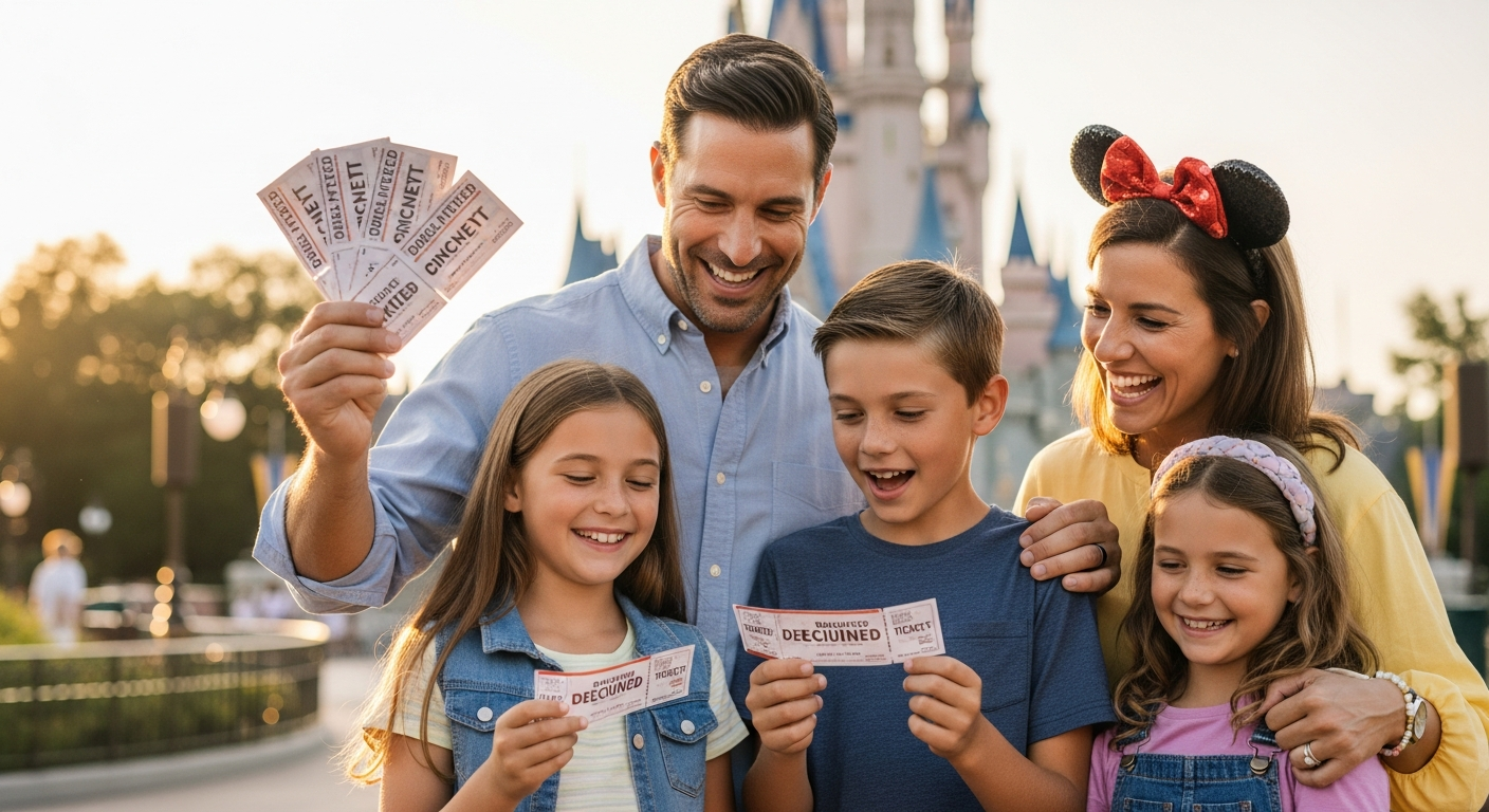 Family of four entering Walt Disney World theme park gates with excitement and anticipation