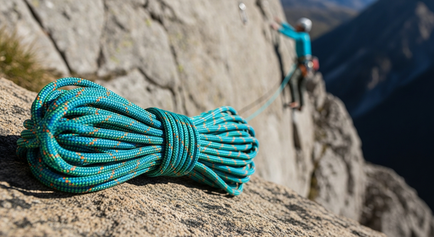 Mammut Infinity 9.5mm climbing rope coiled on rocky terrain showing sheath construction and dry treatment