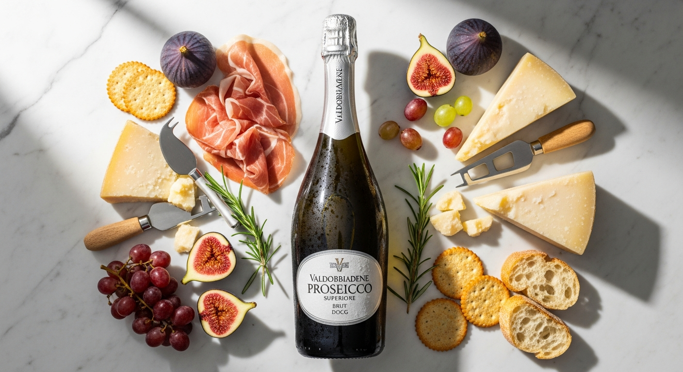 Valdobbiadene Prosecco Superiore Brut DOCG bottle with Italian vineyard hills in background