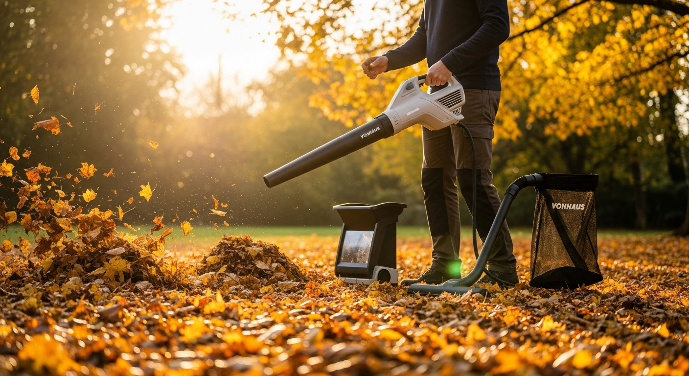 VonHaus 3-in-1 leaf blower vacuum and mulcher in action during autumn garden cleanup