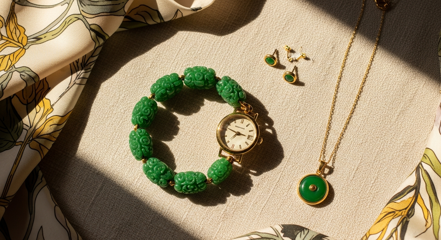 Vintage green jade stone bracelet watch featuring natural jade stones with gold metal bezel on woman's wrist