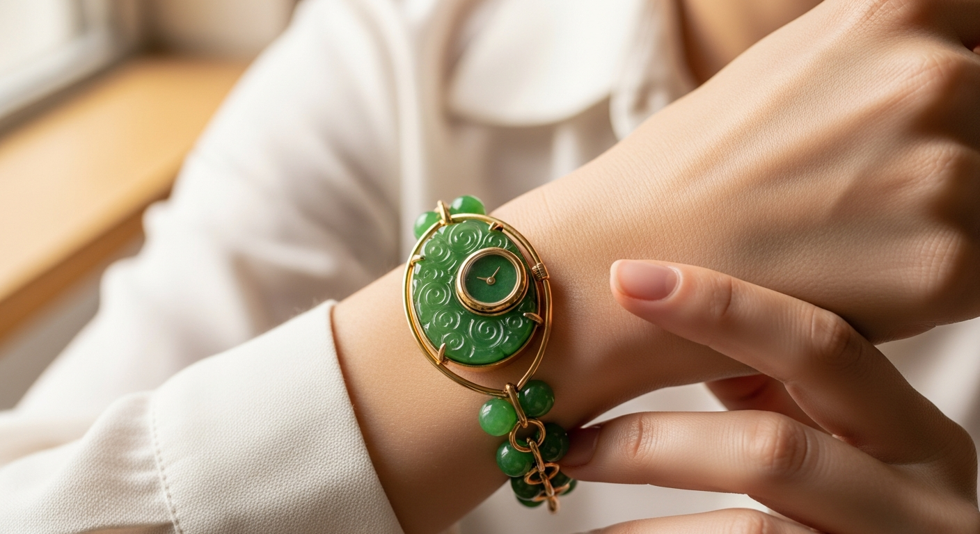 Vintage green jade stone bracelet watch for women with gold and silver finish options