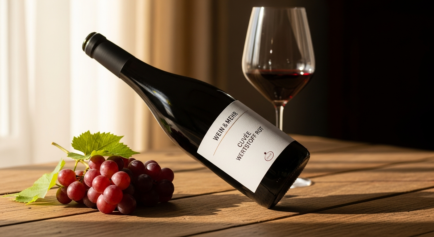 Glass of Wein & Mehr Cuvée Wertstoff Rot German red wine with vineyard background
