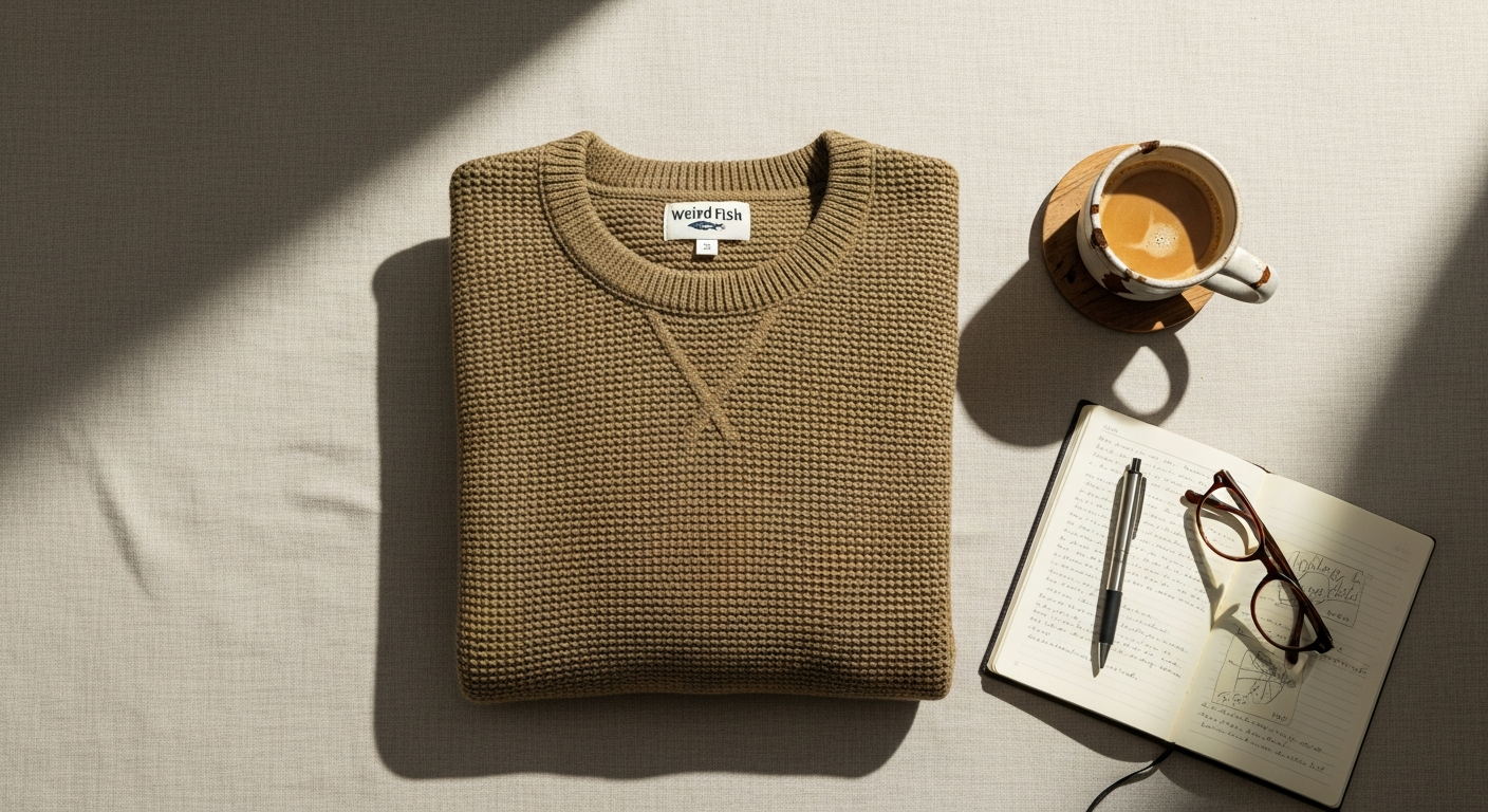 Weird Fish Macaroni sweatshirt in neutral color displayed on model showing triple-twist yarn texture