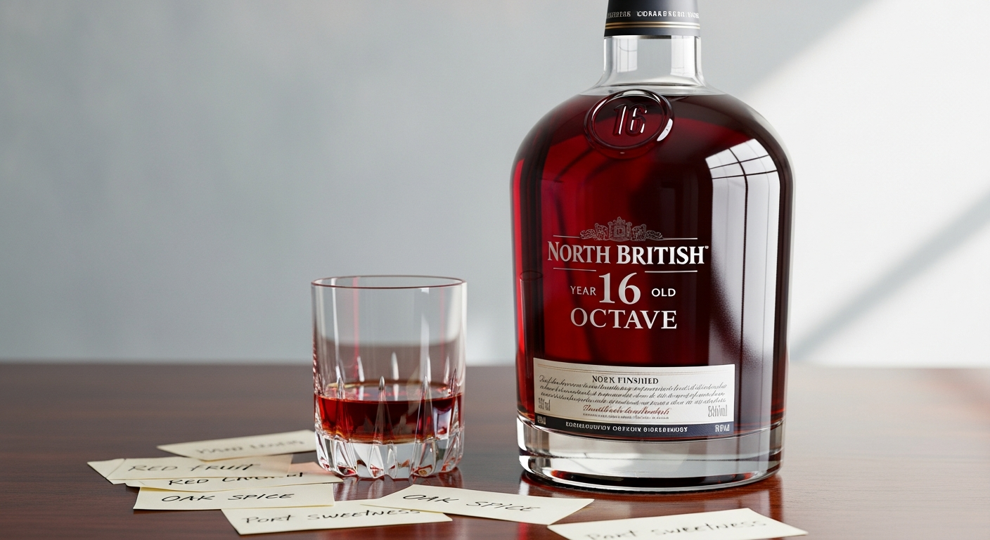 North British 16 Year Old Octave whisky bottle with Ruby Port cask finish displayed against dark background