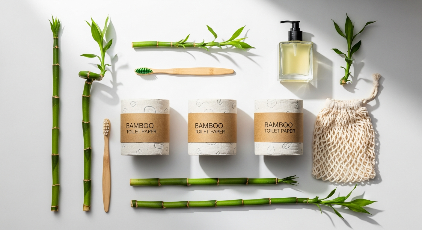 Who Gives A Crap bamboo toilet paper rolls displayed with green leaves and sustainable packaging materials