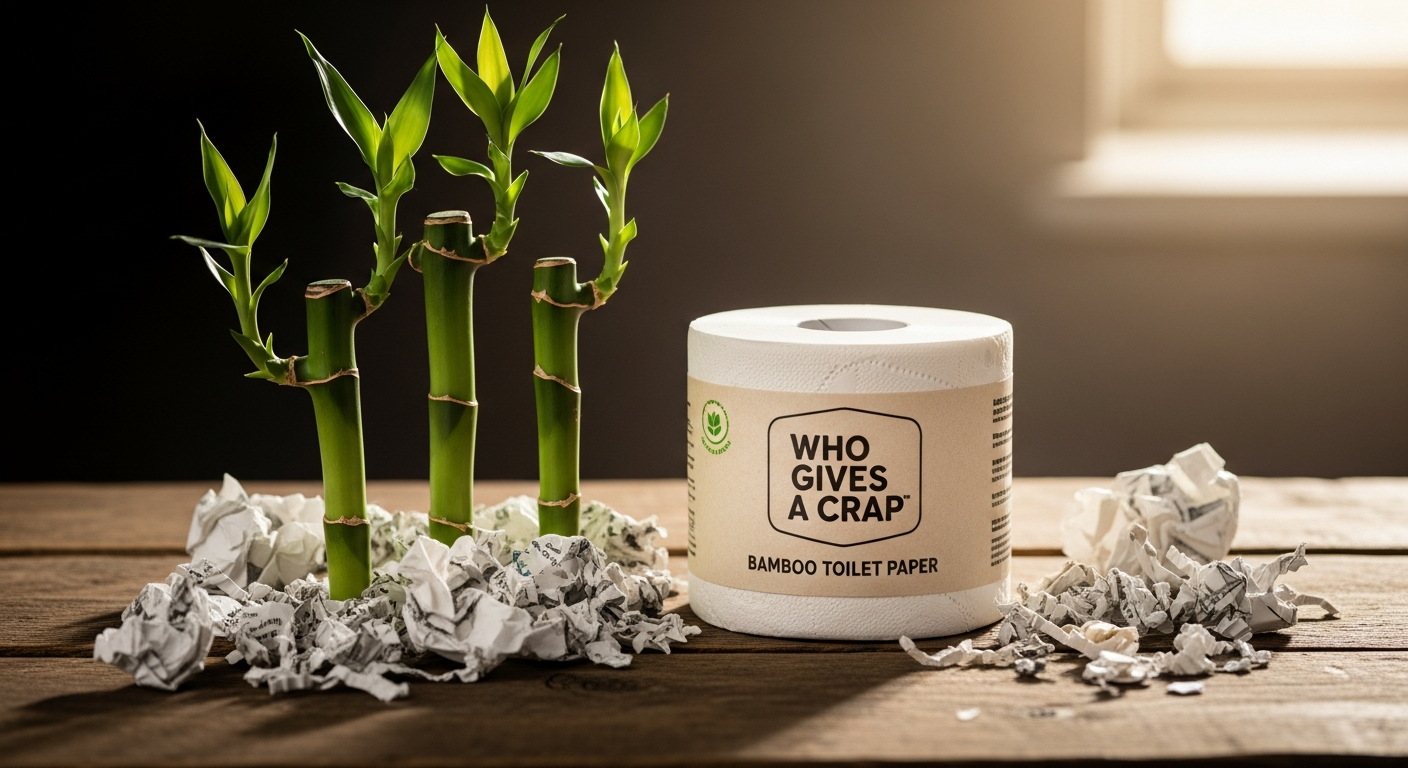 Who Gives A Crap 100% Bamboo Toilet Paper rolls displayed with eco-friendly packaging and sustainable branding