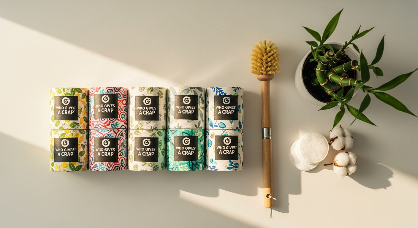 Who Gives A Crap bamboo toilet paper rolls stacked showing eco-friendly packaging design
