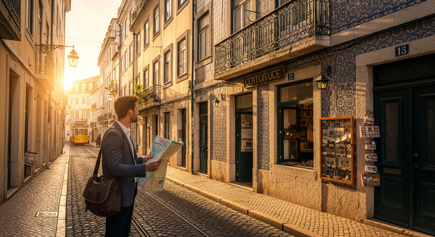 Local guide showing tourists hidden gems and street art in authentic Lisbon neighborhood