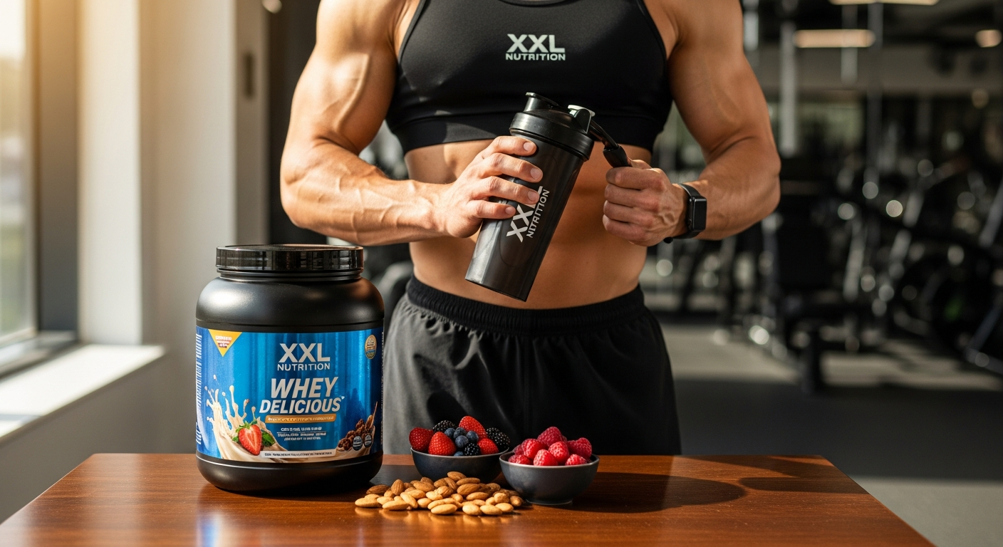 XXL Nutrition Whey Delicious Protein Powder container with multiple flavor options displayed