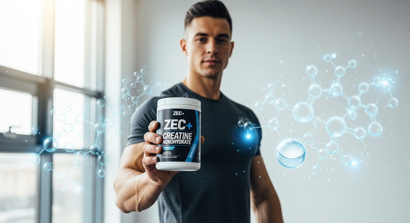 ZEC+ Creatine Monohydrate Powder container displayed with measuring scoop and water glass