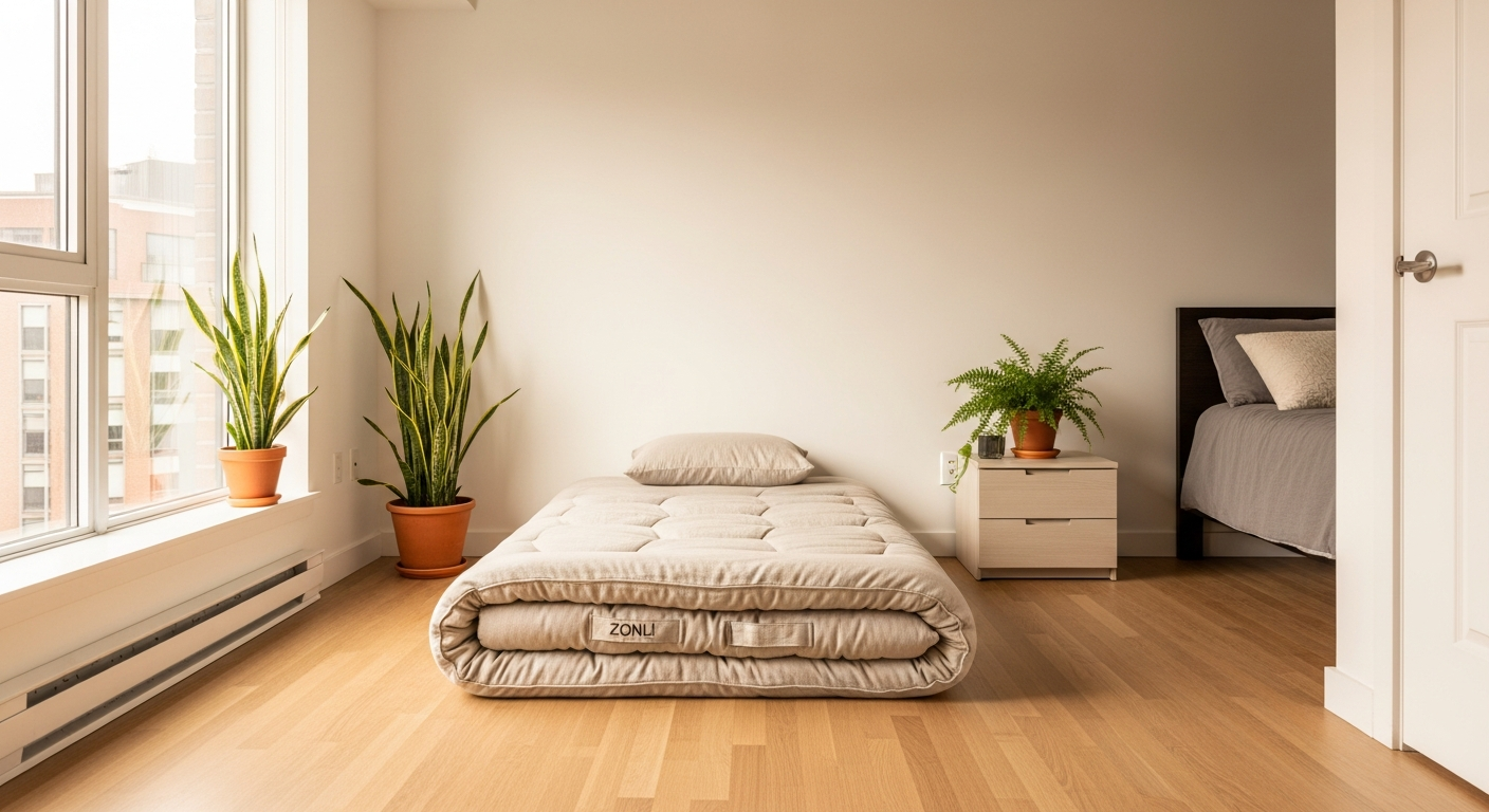 Zonli Japanese floor futon mattress rolled up in olive green color showing five-layer construction and portability