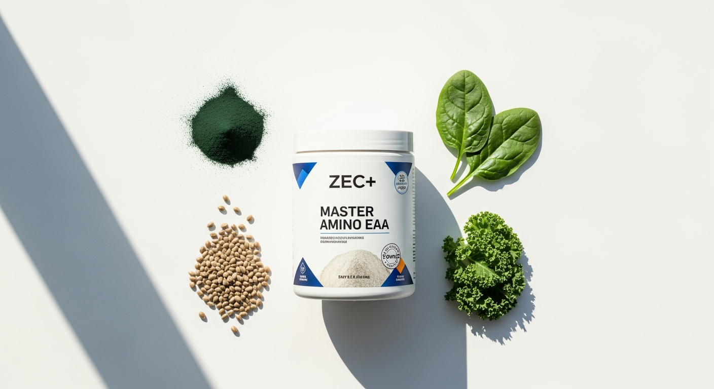 ZEC+ MASTER AMINO EAA Pulver powder supplement container with colorful flavor options displayed for vegan athletes