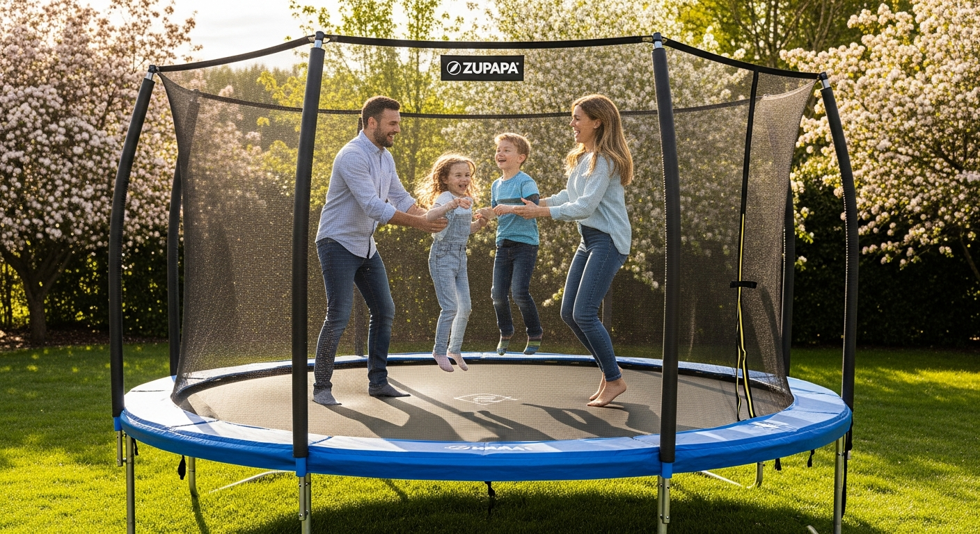 Zupapa outdoor trampoline with safety enclosure net in spacious backyard setting