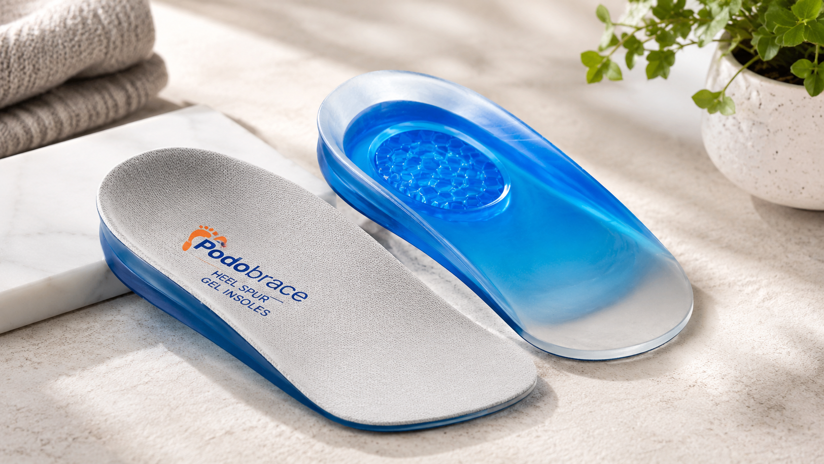 Relieve foot pain with Podobrace Heel Spur Gel Insoles. Enjoy cushioned heel support, all-day comfort, and shock absorption for every step you take.