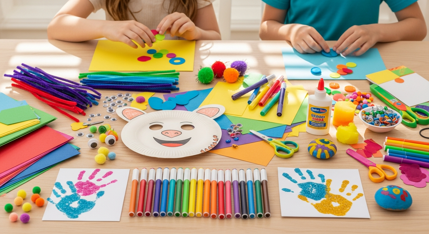 Baker Ross creative craft kits for kids displayed with finished colorful projects and craft supplies