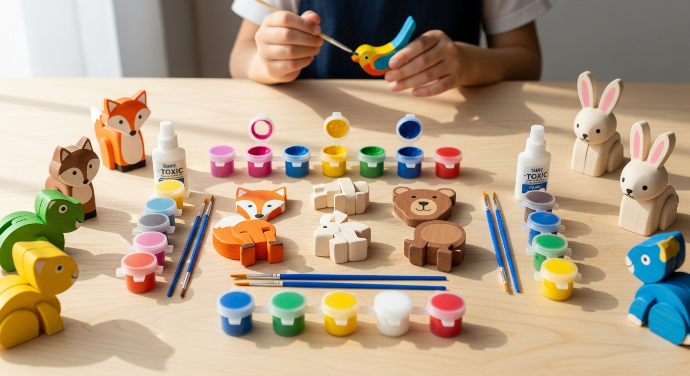 Colorful wooden animal craft kit with paints, brushes, and pre-cut wooden animal shapes ready for assembly