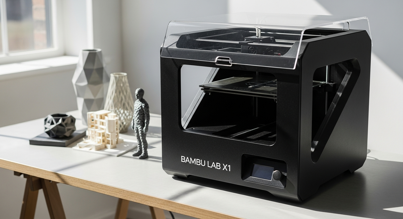Bambu Lab X1 Carbon 3D printer with enclosed build chamber and integrated touchscreen display showing multi-color printing setup