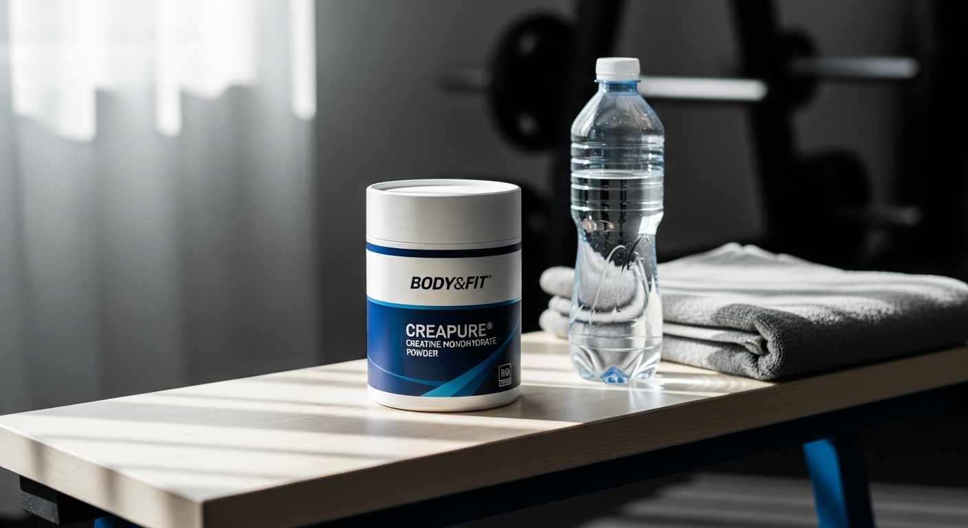 Body&Fit Creapure Creatine Monohydrate Powder supplement container displayed with measuring scoop and water
