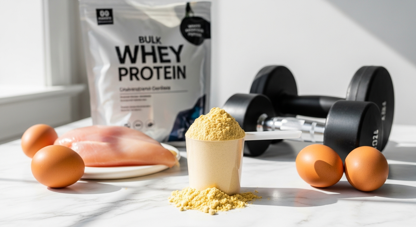 Bulk Pure Whey Protein Powder container and scoop on fitness workout background