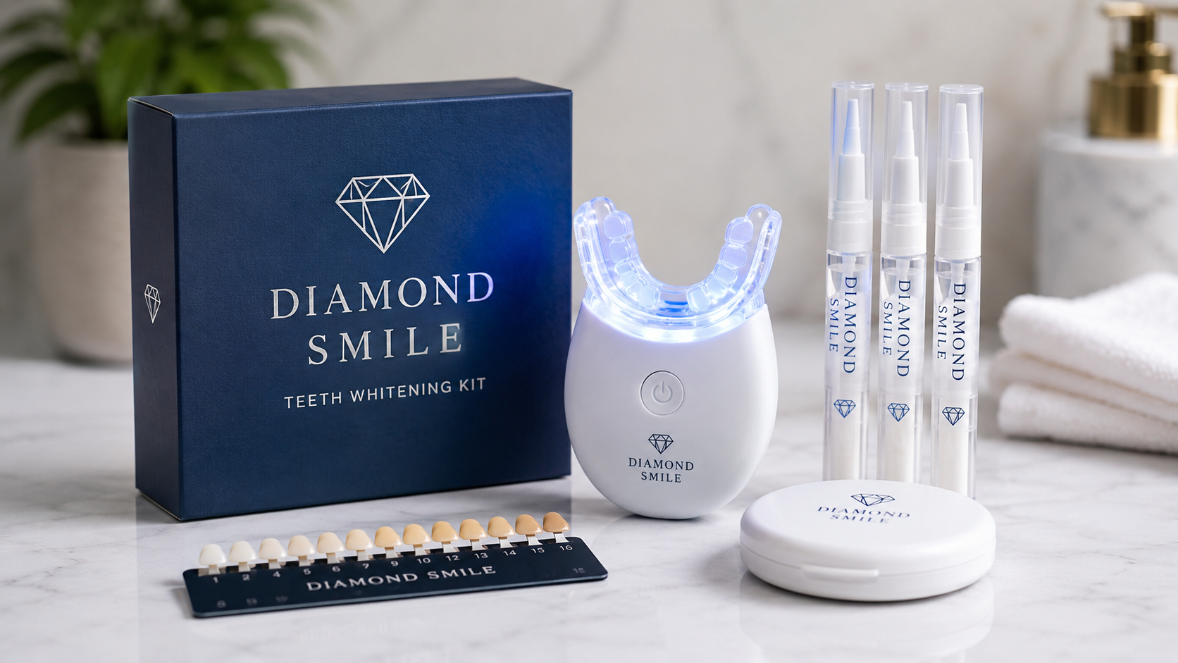 Diamond Smile LED Teeth Whitening Kit with blue light device and peroxide-free gel for sensitive teeth