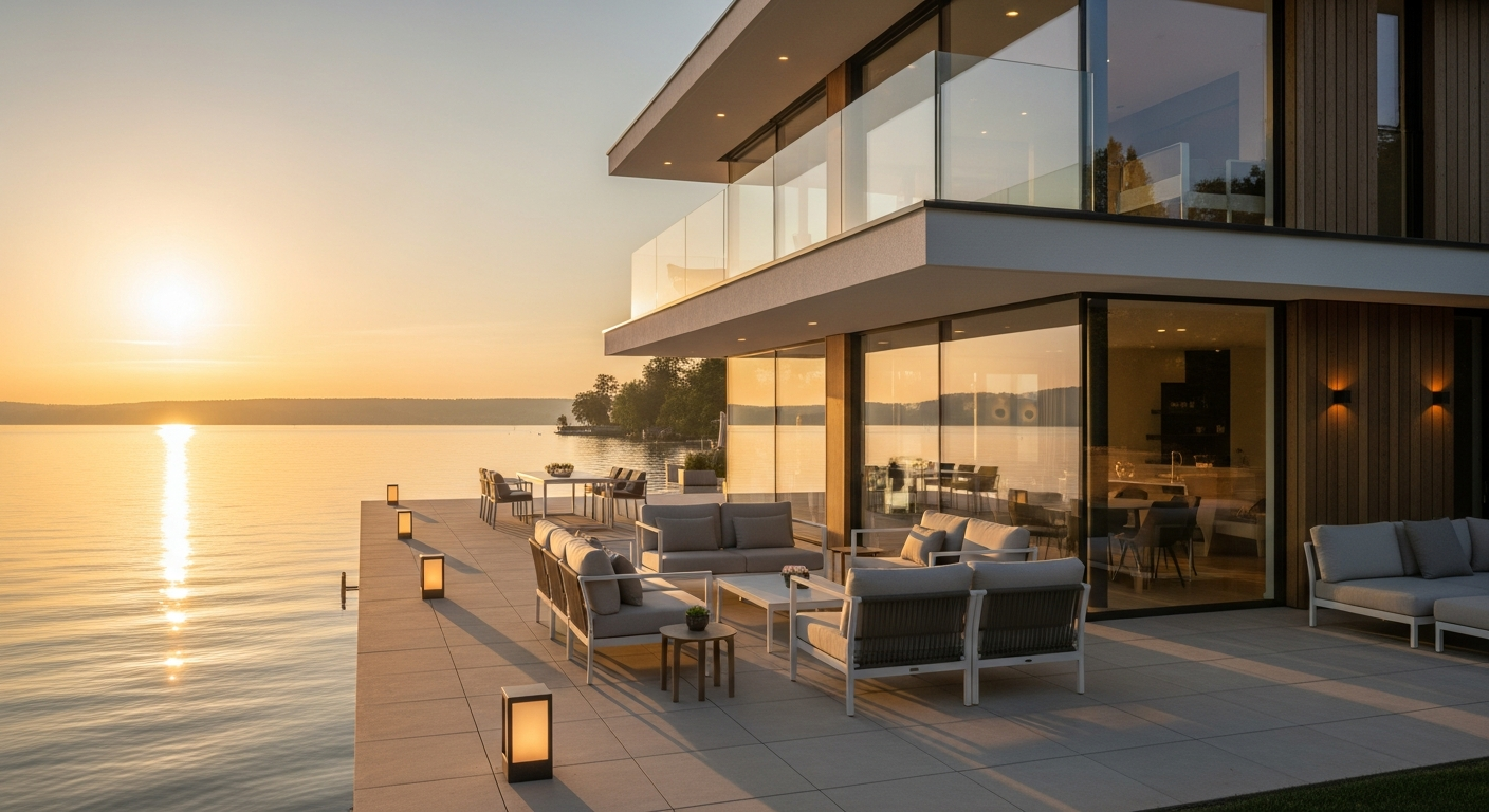 Luxury waterfront holiday home with private terrace overlooking serene European lake