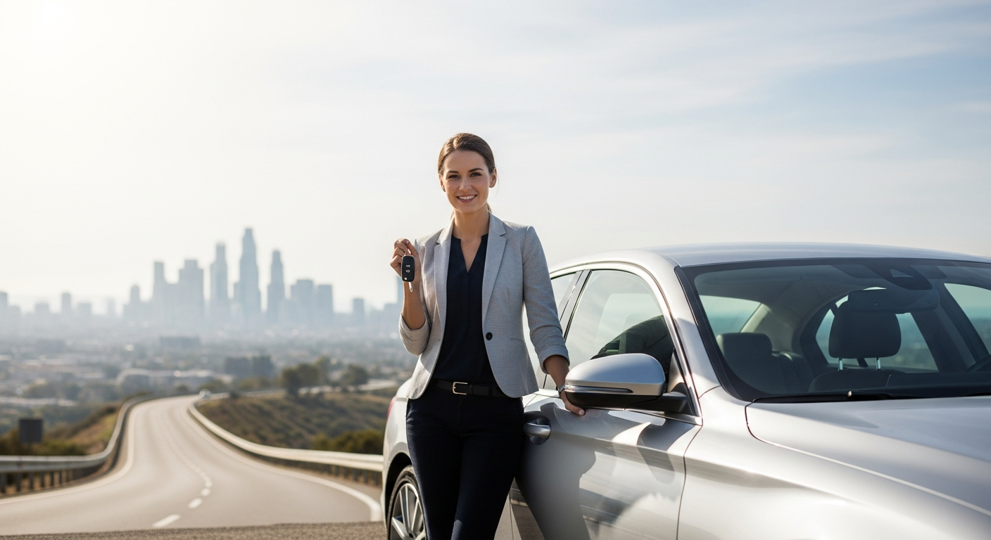 Person holding keys standing next to a parked modern rental car ready for travel