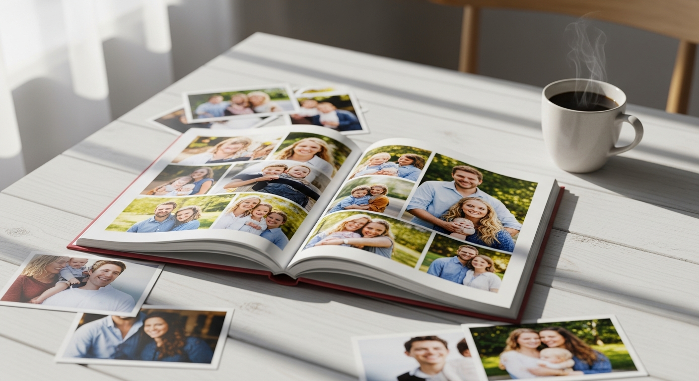 Livre photo personnalisé Colorland A4 ouvert affichant des photos de famille colorées et bien imprimées