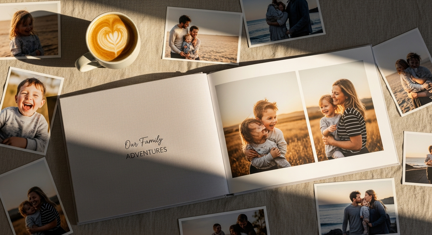 Personalized photo book with custom cover design and colorful family photos displayed on wooden table