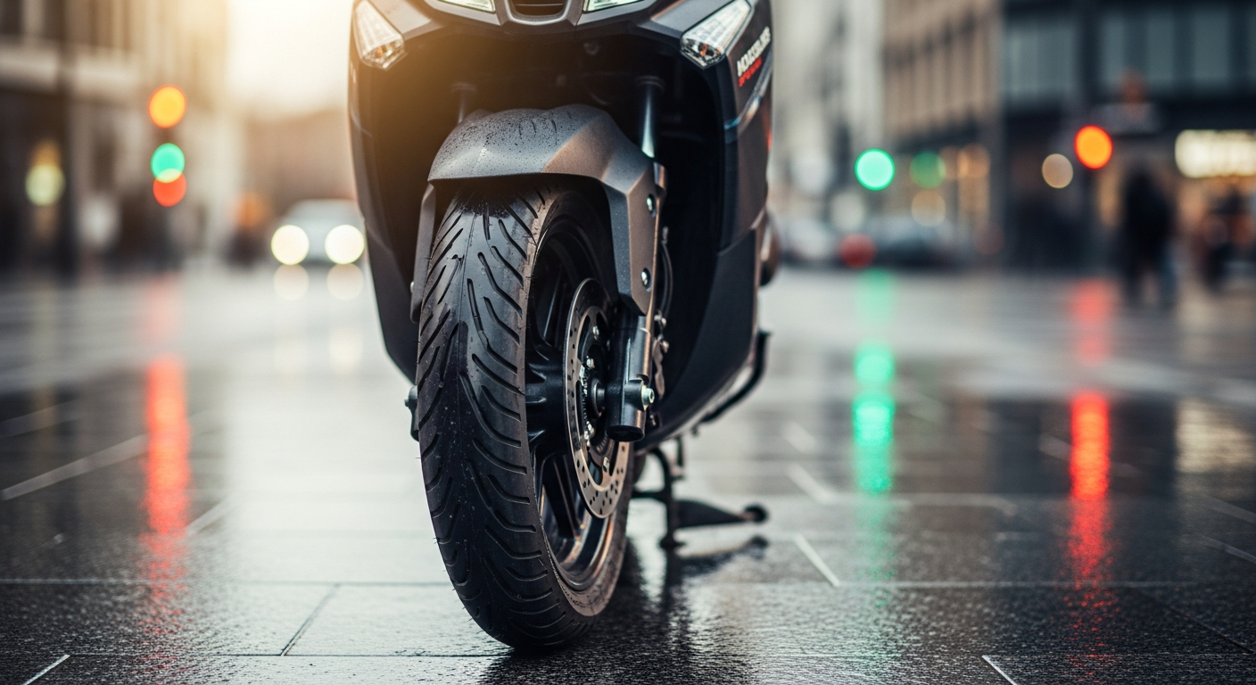 Metzeler Roadtec Scooter tire mounted on modern scooter wheel showing tread pattern and siping design