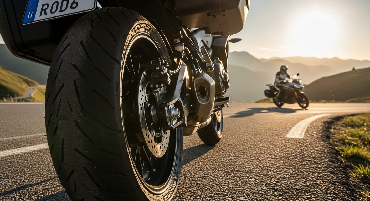 Michelin Road 6 motorcycle sport-touring tire mounted on a modern sport-touring motorcycle