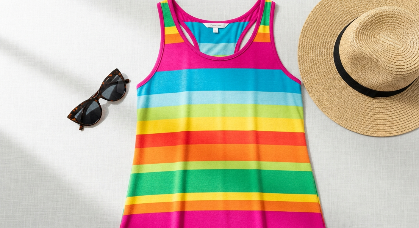 Modlily multi-color striped tummy coverage tank top on a model showcasing the flattering fit and design