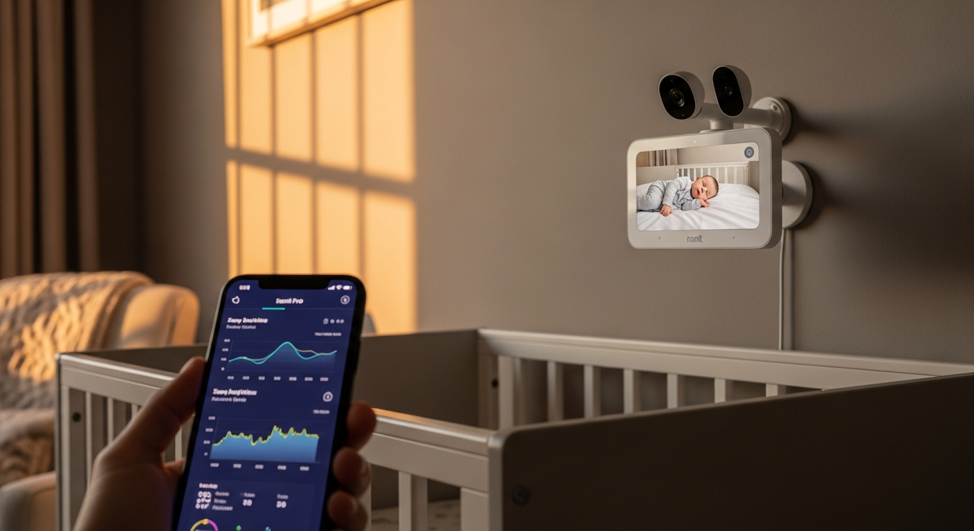 Nanit Pro Smart Baby Monitor displaying 1080p HD video feed with breathing motion tracking on mobile app screen