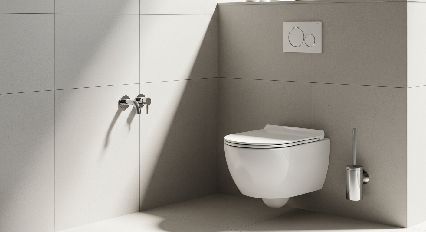Modern rimless wall-mounted toilet set with soft-close seat in contemporary bathroom