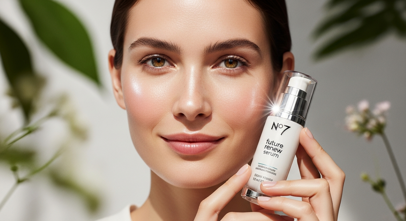 No7 Future Renew Damage Reversal Serum bottle displayed with skincare ingredients and results