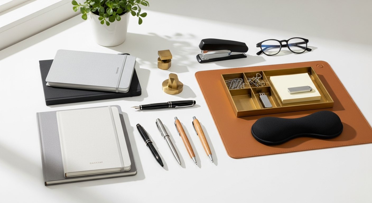 Office supplies and equipment displayed on workspace with toners and furniture