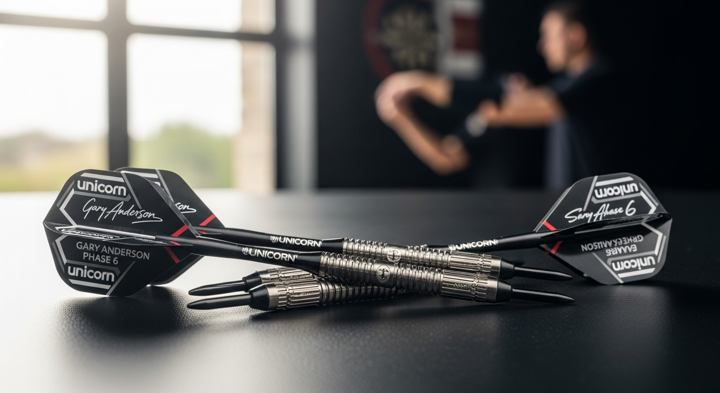 Black Unicorn Gary Anderson Phase 6 darts with tungsten barrel and engraved signature details
