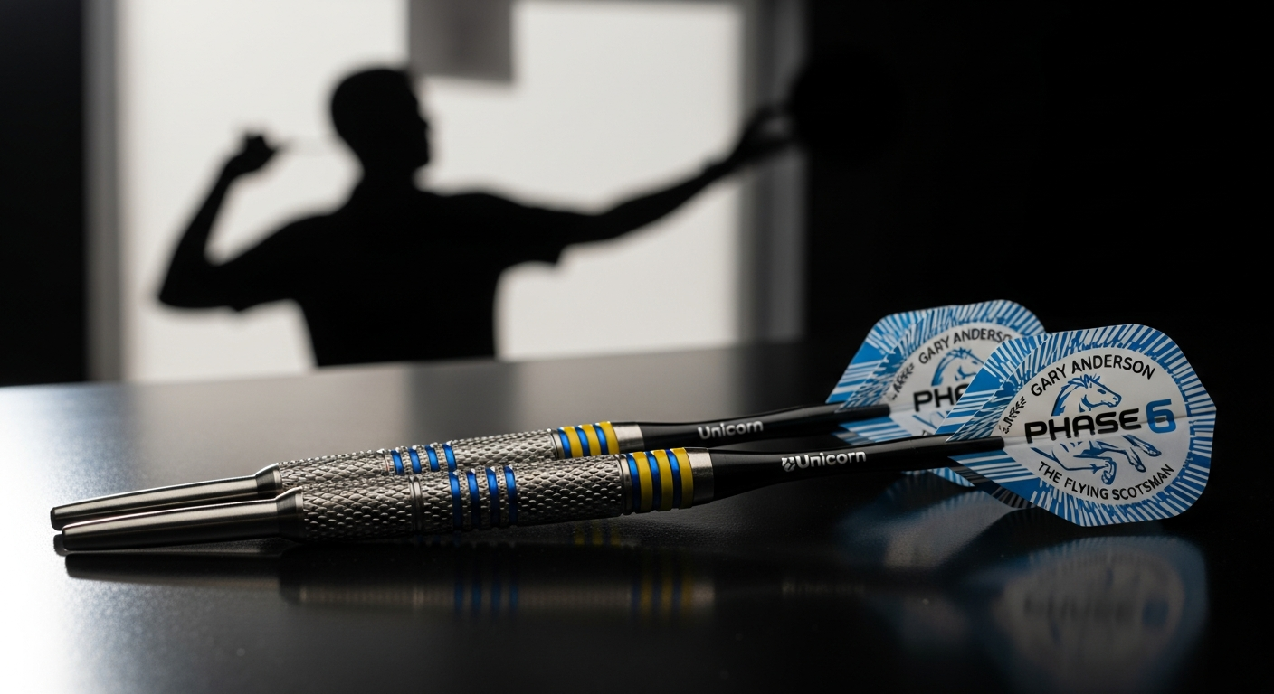 Unicorn Gary Anderson Phase 6 Darts with dual grip zones and tungsten barrel displayed on dartboard