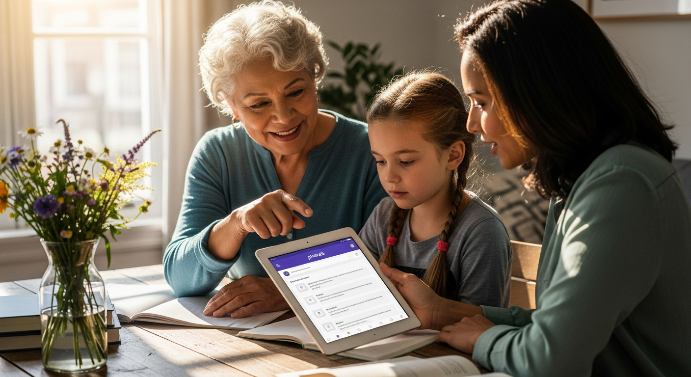 Parent and child learning English together using phase6 vocabulary trainer app on tablet