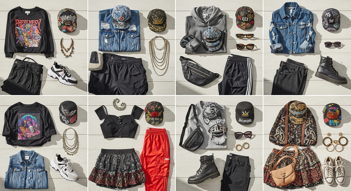 6CRAYON flat brim embroidered baseball cap styled with oversized graphic tee and cargo pants for festival fashion