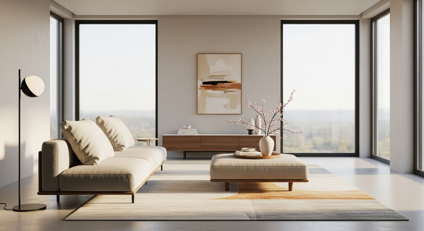 Modern area rug in contemporary German living room with minimalist furniture and natural lighting