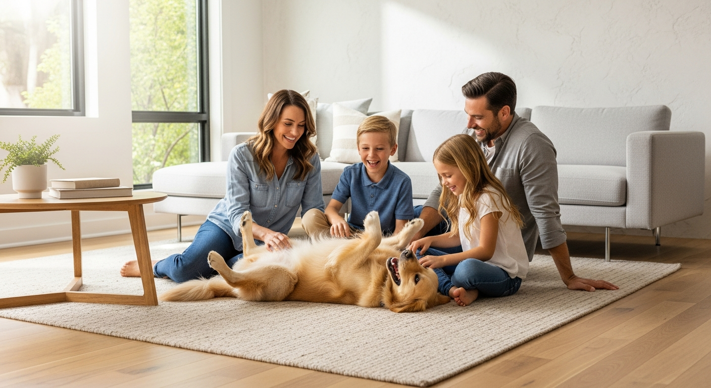 Modern short-pile washable area rug in neutral grey tone displayed in contemporary living room with pet